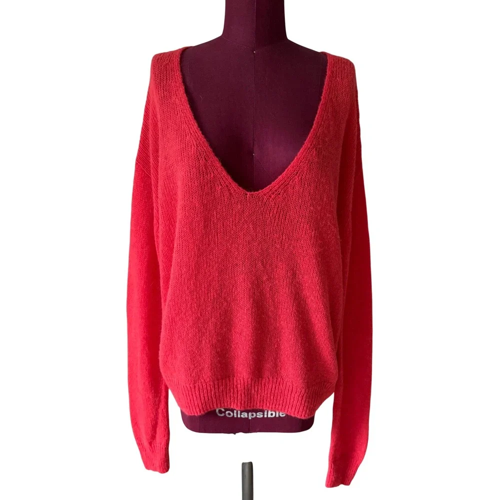 Free People Sweater Gosammer V Neck Alpaca Blend Coral Red XS